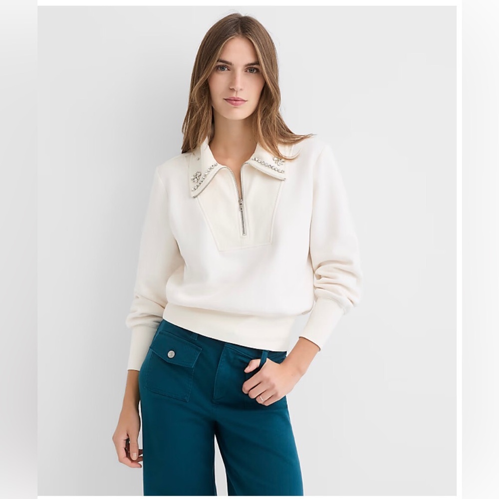 LOFT Women’s L Cream Oversized Pointed Collar 1/4 Zipper Jeweled Sweater - VGUC!